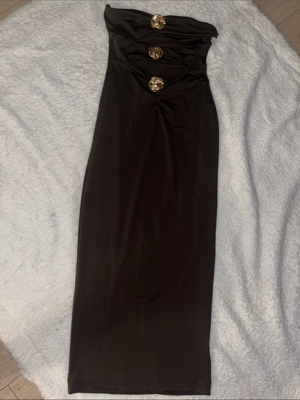 Strapless Black Maxi Dress with Gold Accent Buttons